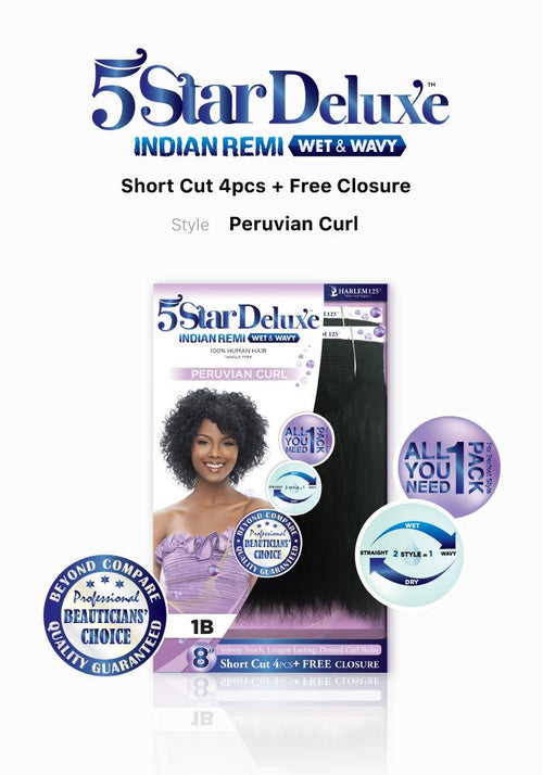 100% HUMAN INDIAN REMY HAIR,WET & WAVY, PERUVIAN CURL 8",  4PC + FREE CLOSURE  (5DIPC) - STARCURLS.COM
